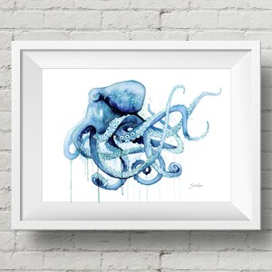 Blue Octopus II : art print, nautical beachy sea life watercolor (Add Custom Text / Change Colors - optional)