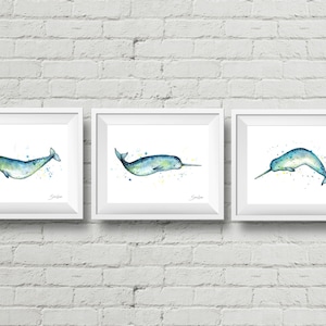 Narwhal Trio | Set of 3 art prints | watercolor narwhal | beach house | nautical nursery | coastal farmhouse