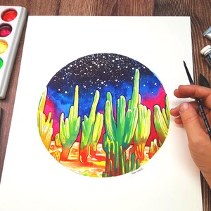 Cosmic Cactus - Original watercolor saguaro cactus celestial painting