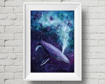 Galaxy Whale : art print space whale watercolor painting (Add Custom Text / Change Colors - optional)