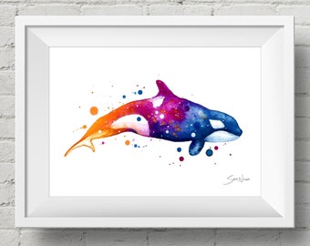 Orca Whale : art print watercolor rainbow killer whale painting (Add Custom Text / Change Colors - optional)