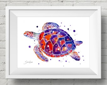 Watercolor Sea Turtle Art Print: Colorful Beach Decor