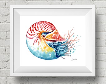 Nautilus : art print, colorful sea life nautical watercolor painting (Add Custom Text / Change Colors - optional)