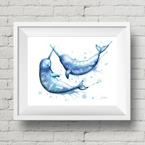 BLUE Playful Narwhals 2 : art print watercolor narwhal whale painting (Add Custom Text / Change Colors - optional)