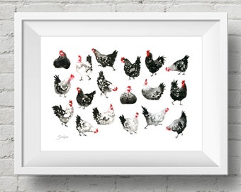 Black & White Chickens : art print, watercolor farmhouse chickens (Add Custom Text / Change Colors - optional)