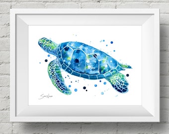 May include: A watercolor painting of a blue and green sea turtle swimming in a white background with blue and black watercolor dots.