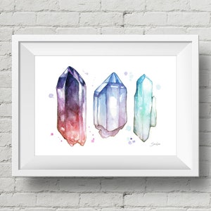 Crystal Magic : art print, colorful crystals watercolor painting (Add Custom Text / Change Colors - optional)