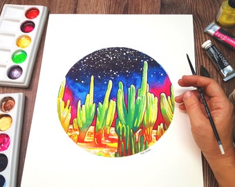 Cosmic Cactus - Original watercolor saguaro cactus celestial painting