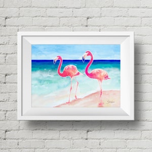 Flamingo Beach : art print colorful pink flamingos | ocean | watercolor | coastal beach house
