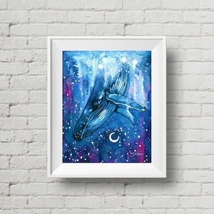 Dream Whale 2.0 : art print, celestial space whale watercolor painting