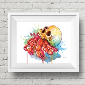 Skull Crab : art print, colorful hermit crab | watercolor painting (Add Custom Text / Change Colors - optional)