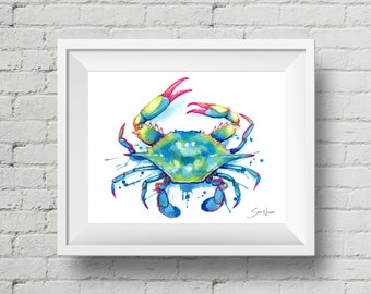 Blue Crab : art print colorful crab watercolor painting