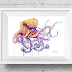 Octopus II : art print colorful octopus tentacles watercolor painting (Add Custom Text / Change Colors - optional)