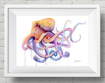 Octopus II : art print colorful octopus tentacles watercolor painting (Add Custom Text / Change Colors - optional)