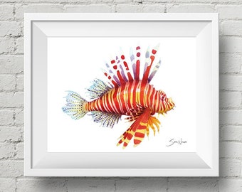 Firefish : art print, colorful lion fish watercolor painting (Add Custom Text / Change Colors - optional)