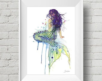 Mermaid : art print mermaid watercolor painting