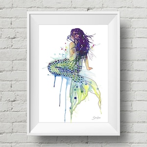 Mermaid : art print mermaid watercolor painting (Add Custom Text / Change Colors - optional)