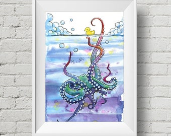 Bath Time Octopus : art print, colorful cute octopus watercolor painting (Add Custom Text / Change Colors - optional)