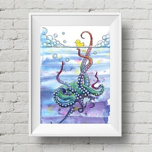 Bath Time Octopus : art print, colorful cute octopus watercolor painting (Add Custom Text / Change Colors - optional)