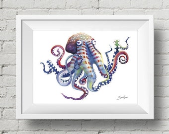 Octopus : art print sea life octopus tentacles watercolor painting (Add Custom Text / Change Colors - optional)