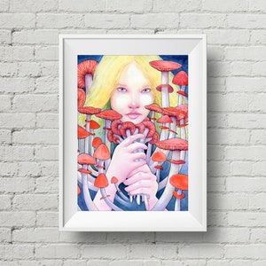 Keeper of the Scarlet Garden : art print, alice in wonderland mushroom watercolor painting