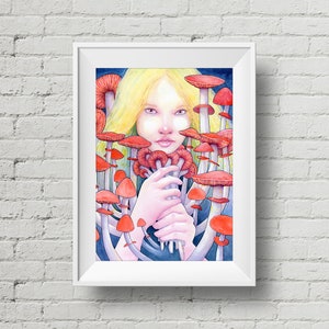 Keeper of the Scarlet Garden : art print, alice in wonderland mushroom watercolor painting image 1