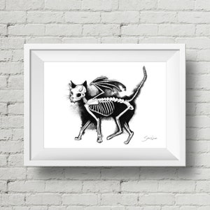 Devil Kitty: art print, spooky halloween black cat watercolor ink painting (Add Custom Text / Change Colors - optional)