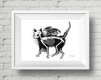 Devil Kitty: art print, spooky halloween black cat watercolor ink painting (Add Custom Text / Change Colors - optional)