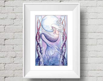 Deep Sea Mermaid : art print art nouveau mermaid watercolor painting