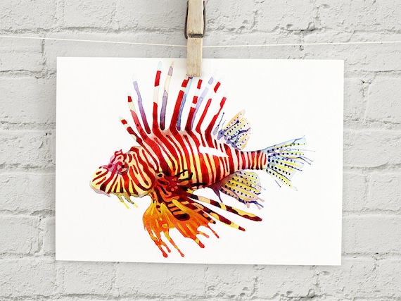 Lion Fish : Art Print Lionfish Sea Life Fish Watercolor Painting add Custom  Text / Change Colors Optional 