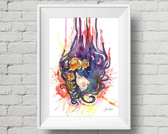 Twilight Pixie : art print art nouveau hair watercolor painting (Add Custom Text / Change Colors - optional)