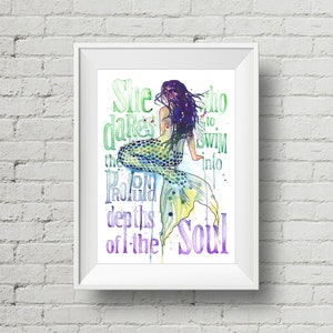 Profound Depths Mermaid : art print mermaid saying beach quote watercolor painting
