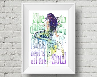 Profound Depths Mermaid : art print mermaid saying beach quote watercolor painting