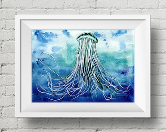 Emperor Jellyfish : art print, jellyfish sea life watercolor painting