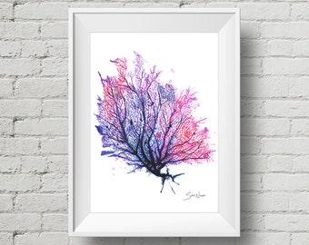 Fan Coral Purple : art print, purple sea fan coral watercolor painting (Add Custom Text / Change Colors - optional)