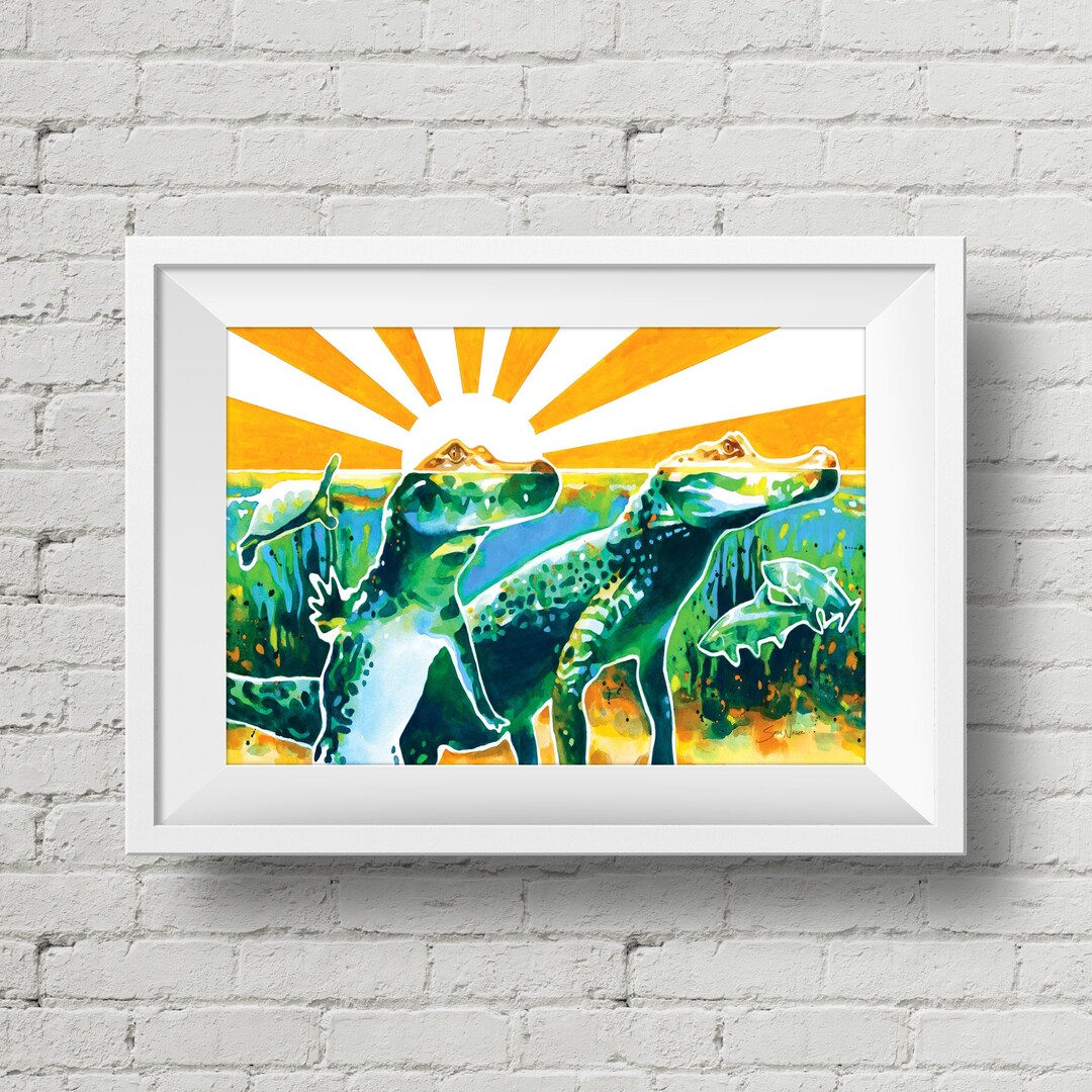 Gator Sunrise Art Print, Florida Alligator Watercolor Painting Etsy