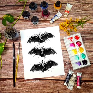 Skeletal Bats : art print halloween bats watercolor ink painting Add Custom Text / Change Colors optional image 3