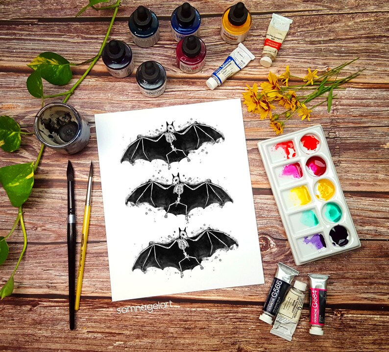 Skeletal Bats : art print halloween bats watercolor ink painting Add Custom Text / Change Colors optional image 3