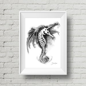 Dark Pegasus : art print, unicorn seahorse skeleton watercolor ink painting (Add Custom Text / Change Colors - optional)