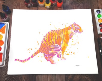 Shitting Tiger - Original watercolor shitty kitty tiger cat painting