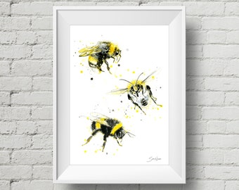 Busy Bees 2 : art print, bumble bee watercolor painting (Add Custom Text / Change Colors - optional)