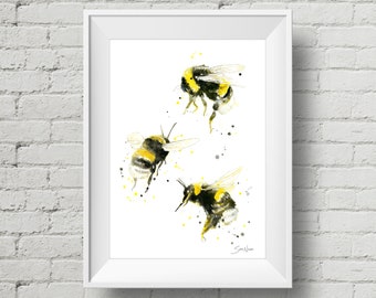 Busy Bees 1 : art print bumble bee watercolor painting (Add Custom Text / Change Colors - optional)