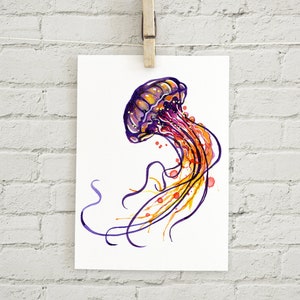Jellyfish : art print colorful jellyfish sea life watercolor painting Add Custom Text / Change Colors optional 5x7 inches