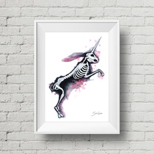 Uni-Horn Jackalope : art print, skeleton unicorn rabbit watercolor ink painting (Add Custom Text / Change Colors - optional)