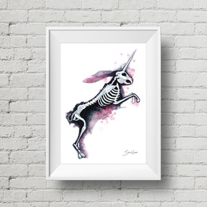 Uni-Horn Jackalope: kunstafdruk, skelet eenhoorn konijn aquarel inkt schilderij