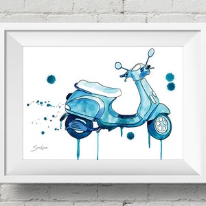 Scooter Away! : art print vespa scooter motorbike watercolor painting