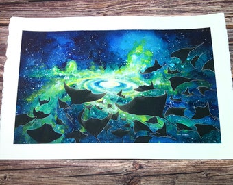 Space Rays - Original watercolor manta ray celestial painting