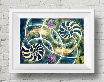 Journey of Now : art print nautilus koi fish watercolor painting