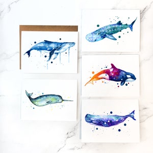 Balene dell'acquerello / Set di biglietti d'auguri vuoti all'interno / A7 5x7" carte con buste