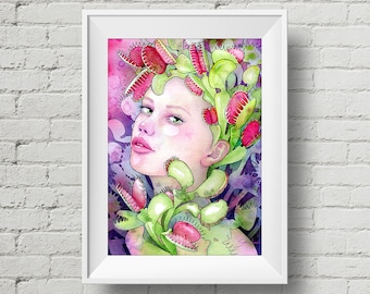 Under the Gaze of Venus : art print venus fly trap watercolor painting